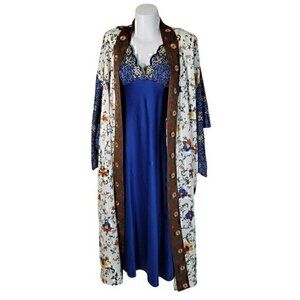 Cabernet Silky Gown Kimono Robe Set PM Blue Cream Embroidered